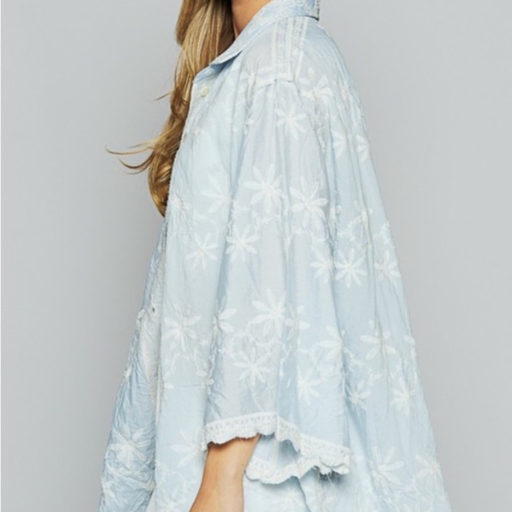 POL Sky Blue Embroidered Button Up 3/4 Sleeve Top - Picture 3 of 11